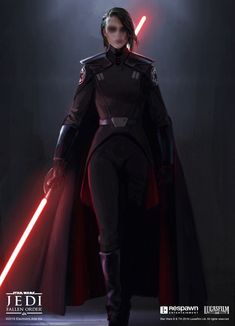 a character from star wars the old republic standing in front of a dark background with two lights