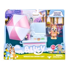 Bring the fun and imaginative play of Bluey and her family home with these fun Vehicle and Figure Packs! Bingo loves Ice Cream and when she sees the Ice Cream Cart it's the best day ever! Bring the fun and imaginative play of Bluey home with Bingo's Ice Cream Cart Vehicle and Figure Pack. This "Bingo's Ice Cream Cart" Figure & Vehicle Pack includes one 2.5" toy Figure and Ice Cream Cart with umbrella! Bingo is poseable for realistic play! • Push the cart along on its wheels to see its umbrella r Bluey Toys, Ice Cream Cart, Moose Toys, Accessories Packing, Ice Cream Truck, Disney Toys, Toy Figures, Nebraska Furniture Mart, Imaginative Play