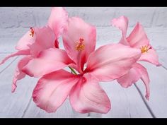 pink flowers are in a glass vase on a white wooden table with light colored wood planks