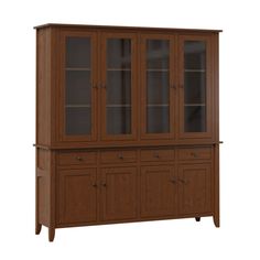 a large wooden cabinet with glass doors on the top and bottom drawers, in front of a white background