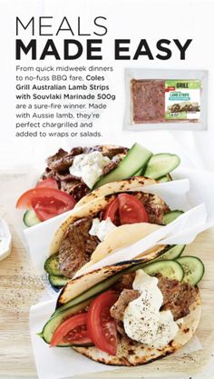 an advertisement for meats made easy with vegetables and pita bread