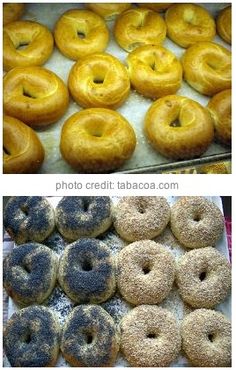 two pictures show different types of doughnuts on display