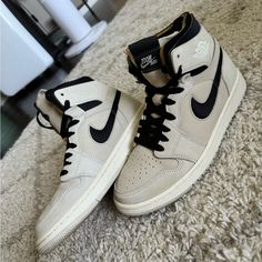 Size - 7.5 Color - Summit White Black Worn Twice. Condition - Like New Nike Custom Beige Sneakers With Round Toe, Nike Custom Cream Sneakers With Cushioned Footbed, Nike Custom Cream Sneakers With Boost Midsole, Nike Cream High-top Sneakers, Beige Nike High-top Sneakers, Beige Suede High-top Sneakers For Streetwear, Nike Custom Beige Round-toed Sneakers, Nike Custom Leather Sneakers In Beige, Nike Cream Leather High-top Sneakers