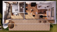 an overhead view of a tiny house with the bedroom and living room on one side