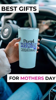 a woman holding a cup with the words best gifts for mothers day written on it