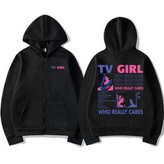 TV Girl Who Really Cares Graphic Print Zipper Hoodie Men Women Fashion Casual Oversized Zip Up Tv Girl Hoodie, Tv Girl Who Really Cares, Sanrio Products, Who Really Cares, Girl Hoodie, Girls Album, Merch Ideas, Tv Girl, Crop Top Dress