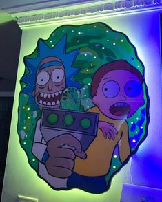 a neon sign with cartoon characters on it in front of a blue wall and green light