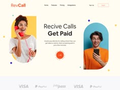 a web page with two people talking on the phone and one holding a cell phone