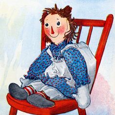 Raggedy Ann Greeting Card | Doll Sits on Chair | Repro Johnny Gruelle | Vintage Style Doll Illustration, Raggedy Anne, Sitting Doll, Awesome Drawings, Girls Things, Children's Stories, Raggedy Ann Doll, Red Chair, Raggedy Ann And Andy