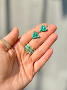 Luxury Beaded Summer Stud Earrings Dainty Triangle Geometric - Etsy Romania Green Geometric Jewelry For Gifts, Green Geometric Jewelry For Gift, Green Geometric Jewelry Gift, Geometric Green Jewelry Gift, Handmade Green Geometric Earrings, Handmade Green Triangle Earrings, Minimalist Green Jewelry With Colorful Beads, Handmade Green Triangle Jewelry, Gold Triangle