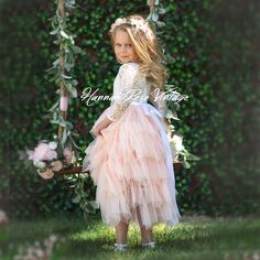 BLUSH LAYERED TULLE BOHO FLOWER GIRL DRESS - Hannah Rose Vintage Boutique Princess Dress With Lace Bodice And Tulle For Dress-up, Princess Style Lace Dress For Dress-up, Tulle Dress With Lace Trim For Dress-up, Lace Princess Dress With Ruffles For Wedding, Summer Lace Dress With Lace Bodice For Dress-up, Cream Gown With Lace Bodice And Tulle, Cream Gown With Lace Bodice And Tulle Material, Princess Tulle Dresses For Garden Party, Princess Style Tulle Dresses For Garden Party