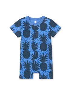 Add a splash of tropical charm to your wee one's wardrobe with this warm weather romper featuring an exclusive pineapple print. Crafted of 100% cotton jersey that keeps its styling and color wash after wash, and feels so soft on baby's skin. Matching family styles are available in our Sibling Shop. Summer Printed Onesie For Loungewear, Short Sleeve Cotton Onesie For The Beach, Casual Short Sleeve Onesie For The Beach, Casual Short Sleeve Onesie For Beach, Casual Short Sleeve Beach Onesie, Playful Cotton Onesie For Vacation, Blue Cotton Onesie For Summer, Casual Blue Printed Onesie, Casual Blue Onesie For Summer