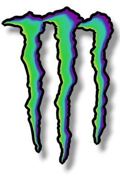 the monster logo is shown in green and purple