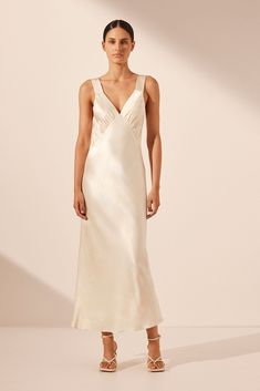 La Lune Plunged Midi Dress | Cream | Dresses | Shona Joy White Silk Reception Dress, Upstate Wedding, Shona Joy Dress, Cream Dresses, Pinterest Predicts, Plunge Midi Dress, Shona Joy, Photoshoot Dress, Engagement Dresses