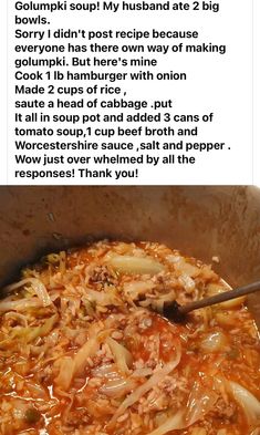 the recipe for cabbage soup is in a bowl with a spoon and some sort of information about it