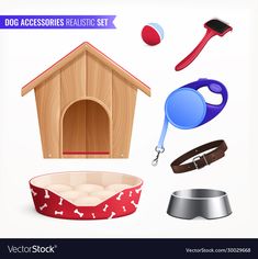 the dog accessories realistic set includes a house, bowl, collar, leash and other items