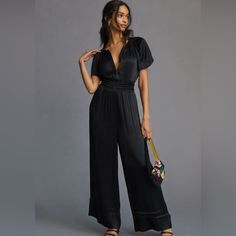 Anthropologie Somerset Collection Ready-For-Anything Jumpsuit. Silhouette Is Flowy And Flattering, Sensual And Subtle, It's One Smooth Operator. Viscose Pull-On Styling Machine Wash Imported 55” Long, 15” Pit To Pit Black Satin Jumpsuit, Unique Jumpsuits, Flowy Jumpsuit, Jumpsuit Wide Leg, Bright Dress, Satin Jumpsuit, Wide Leg Romper, Smooth Operator, Lace Jumpsuit