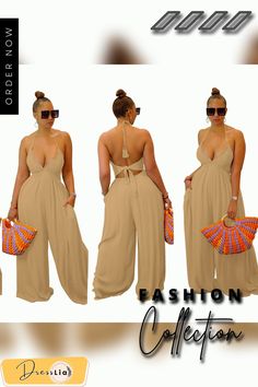 Solid Halter V Neck Loose Wide Leg Jumpsuit Chic V-neck Jumpsuits And Rompers For Beach Season, Trendy Beige Jumpsuits And Rompers For Summer, Trendy Beige Summer Jumpsuits And Rompers, Trendy Beige Summer Jumpsuit/romper, Casual Backless Jumpsuits And Rompers In Solid Color, Casual Backless Jumpsuits And Rompers For Beach, Trendy Backless Jumpsuits And Rompers For Vacation, Non-stretch Overall Jumpsuits And Rompers For Beach, Backless Summer Jumpsuits And Rompers In Solid Color