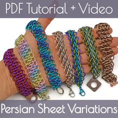 a hand holding several different bracelets with the words persian sheet variations on it and below them