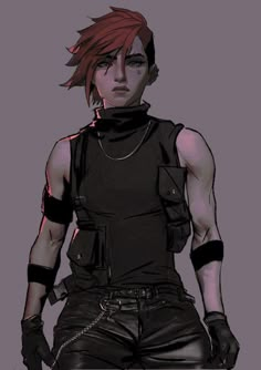 an anime character with red hair and black leather clothes, holding his hands on his hips