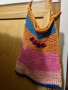 Colorful crochet shoulder bag Multicolor Hobo Bag With Adjustable Strap For Beach, Casual Multicolor Hobo Bag For Shopping, Bohemian Crochet Satchel Bag For Shopping, Summer Pink Crochet Crossbody Bag, Multicolor Hobo Tote Bag For Beach, Casual Multicolor Hobo Tote Bag, Multicolor Rectangular Yarn Bag, Multicolor Crochet Satchel Bag For Vacation, Multicolor Crochet Satchel For Vacation