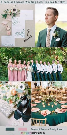 a collage of photos with green and pink wedding color palettes for the bride and groom