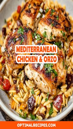 mediterranean chicken and orzo recipe in a bowl with text overlay that reads, mediterranean chicken and orzo