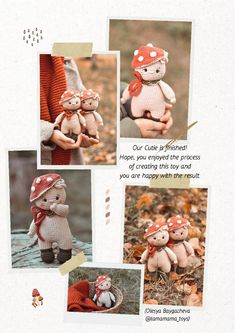 several pictures of stuffed animals with hats and scarves on their heads, in the woods