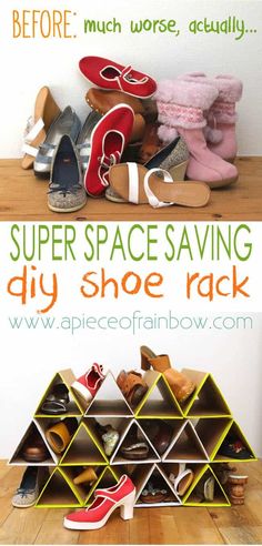 a pair of shoes are stacked on top of each other with the words super space saving diy shoe rack