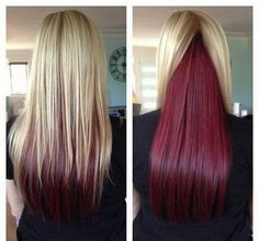 Long Straight Hair with Blonde on Top and Red Underneath. Peekaboo Highlights, Long Blonde, Hair Color And Cut, Tone Hair, Long Straight Hair, New Hair Colors, Love Hair, Blonde Hair Color, Hair Dos