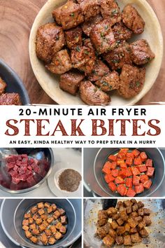 the cover of 20 minute air fryer steak bites is shown in four different pictures