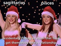 two women dressed in santa hats and holding their hands up to the side, with text above them that reads sagitrus piscs accidentally firing so much that they get themselves into a