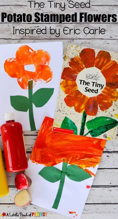 two flower cards with the words, see the tiny seed on them and some crayons