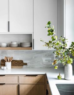 a kitchen with white cabinets and marble counter tops, wooden utensils and plants