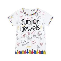 a white t - shirt with the words junior jewels on it and multicolored letters