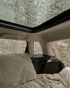 the inside of a car with snow on the roof and trees in the back ground