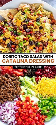 a salad with tortilla dressing in it and the title overlay reads, dorito taco salad with catalina dressing