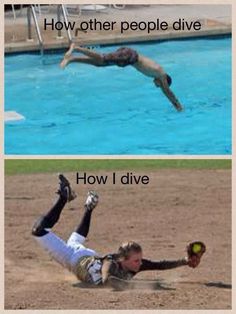 two pictures, one showing a man diving and the other saying how other people dive