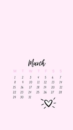 a calendar with the word march written in black and pink on it's side