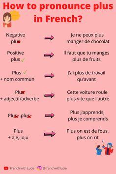 a pink poster with the words how to pronounce plus in french