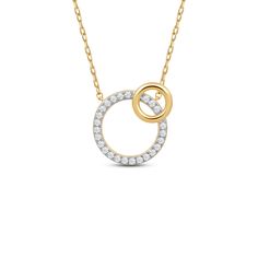 You can't go wrong with this diamond necklace marked with subtlety. Its pendant features a pair of overlapping circles - the big one traced with diamonds and the smaller one in a high-polish finish and off-set layout. The piece possesses a sense of sophistication even in its simplicity, perfect for adding a hint of elegance to your everyday styling. Modern Yellow Gold Diamond Necklace With Round Pendant, Modern Round Necklaces With Single Cut Diamonds, Modern Necklaces With Single Cut Diamonds, Modern Diamond Round Pendant Necklace, Modern Open Circle Necklace For Anniversary, Modern Open Circle Necklaces For Anniversary, Modern Diamond Necklace With Round Pendant, Modern Necklace With Round Diamond Accents, Modern Round Brilliant Cut Necklace