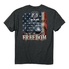 Show them who you are with the RAM Men's Freedom T-Shirt. This 100% cotton graphic t-shirt provides the softness you crave, while the taped neck and shoulder seams offer premium durability. The stylish design of the men's t-shirt also provides an eye-catching appearance for you to enjoy. Men's t-shirts are pre-shrunk to minimize shrinkage Taped neck and shoulders offer smooth comfort Double-needle sleeves, collar and bottom hems give the men's t-shirt increased durability High-quality screen-pri Dodge Ram Truck, Ram Truck, Dodge Trucks Ram, T Shirt Picture, T Shirt Png, American Flag Print, Tractor Supply, Dark Wear, Ram 2500