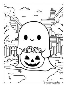 a coloring page with a cartoon character holding a pumpkin