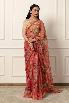 Tomato red saree featuring botanical print all over. Comes with an unstitched blouse piece. - Aza Fashions Festive Red Pre-draped Saree With Printed Motifs, Elegant Pre-draped Georgette Saree With Printed Motifs, Elegant Floral Print Pre-draped Saree For Diwali, Elegant Floral Pre-draped Saree For Diwali, Elegant Blouse Piece With Printed Motifs For Navratri, Red Floral Print Georgette Dupatta, Elegant Printed Blouse Piece For Navratri, Elegant Floral Print Pre-draped Saree For Designer Wear, Navratri Floral Print Georgette Pre-draped Saree