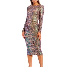 Absolutely Beautiful Holiday Sparkly, Sequin Dress. Sequin Fabrication Boat Neckline Long Sleeves Low Back Back Slit Main Colors Are Lavender And Green And Gold. Size Medium. Nwt. Smoke Free Home. Sparkly Sequin Dress, Low Back Dress, Low Back Dresses, Long Cocktail Dress, Dress Sequin, Sequin Cocktail Dress, Short Cocktail Dress, Dress The Population, Mini Cocktail Dress