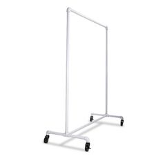 a white garment rack with wheels on it