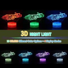 three different colored lights on top of each other with the words, 3d night light