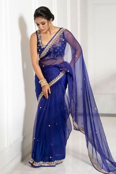 Indigo blue saree with hand embroidered aari border. Paired with a padded raw silk embroidered blouse. - Aza Fashions Bollywood Style Blue Pre-draped Saree With Resham Embroidery, Blue Bollywood Pre-draped Saree With Sheer Dupatta, Festive Royal Blue Pre-draped Saree With Traditional Drape, Festive Royal Blue Pre-draped Saree, Bollywood Blue Pre-draped Saree With Resham Embroidery, Blue Tissue Silk Pre-draped Saree For Diwali, Elegant Royal Blue Saree With Traditional Drape, Elegant Royal Blue Saree For Reception, Royal Blue Elegant Festive Blouse Piece