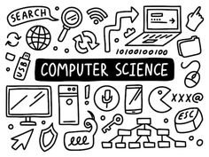 the word computer science surrounded by hand drawn doodles and icons on a white background