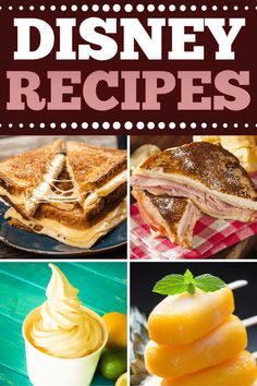 the cover of disney recipes is shown with pictures of food and desserts on it